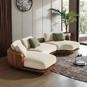 Ensemble de lit sectionnel trois places de style moderne Wabi-Sabi couleur noyer, en velours luxueux et écologique pour villa - Product Image 2