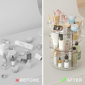 Organisateur de maquillage rotatif à 8 niveaux réglables, présentoir cosmétique tournant avec porte-pinceaux et plateau à parfums - Product Image 4
