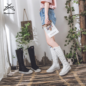 2023 nuevas botas de lona para mujer, botas largas, zapatos con cremallera, zapatos planos blancos, plataforma alta con cordones, zapatillas vulcanizadas cómodas con cremallera - Product Image 1