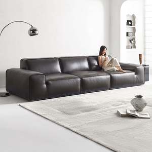 Italian Minimalist <b>Living</b> <b>Room</b> <b>Sofa</b> Big Black Cowhide Top Layer Genuine Leather Straight Row Design Sponge - Product Image 4