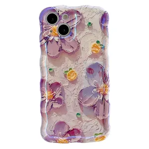 wave edge blue light IMD oil painting flower tpu phone case for iphone 14