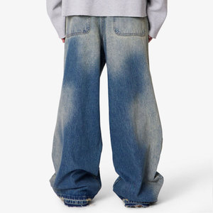 Orta Mavi Renkli Eskitme Yıkama Kot Pantolon Yırtık Detaylı Geniş Paça Y2K Jean Erkek Bol Paça Özel Logolu Kot Pantolon - Product Image 4