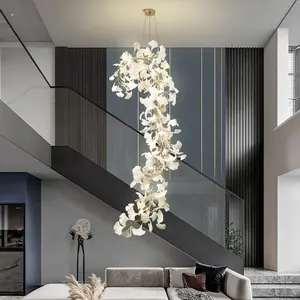 Modern Ceramic Ginkgo Biloba Hanging Lamp Artistic Decoration Stair Chandelier Lighting For Dining Room