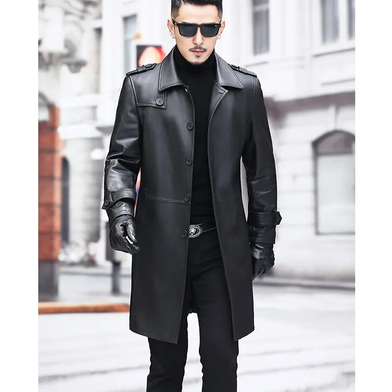 Windbreaker jacket for men lapel soft leather men's leather mid-lengtht sheepskin Jacket trench coat spring and autumn coat