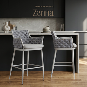 Tabouret de bar moderne d'extérieur en corde avec structure en aluminium et siège rembourré, fauteuil de patio pour balcon et jardin - Product Image 2