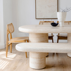 <span class=keywords><strong>Table</strong></span> à manger ovale allongée en travertin beige vert, style galet doux, avec double colonne solide, <span class=keywords><strong>table</strong></span> de dîner de luxe minimaliste pour la maison de rêve - Product Image 3