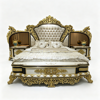 Ensemble de lit complet de style baroque élégant, plaqué or, vert, lit en bois sculpté royal turc, table de chevet, rembourrage italien, chambre à coucher
