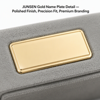 JUNSEN Maßgefertigtes Abgeschrägtes Achteckiges Samt-Schmuckbox-Set 3-teilig Grau-Gold Namensschild Massivholz-Kern Ring Halskette Geschenk