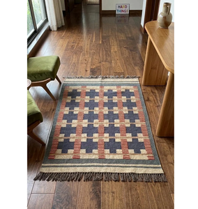 Tapis géométrique en laine et jute tissé à la main |   Tapis Bohème à Franges Bleu Rouge Crème pour Salon Chambre Décoration Maison - Product Image 1