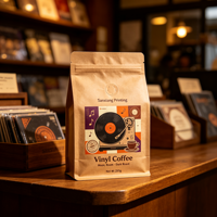 Sachet de café personnalisé imprimé en gravure, fond plat, huit soudures latérales, pochette verticale avec fermeture éclair pour 500g de grains de café