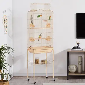 Atacado Baixo Preço Luxo Super Big Espaço Preto Fio De Aço Inoxidável Suave Papagaio Canary Budgie Pet Bird Cage Com Rodas