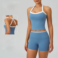 Ensemble de vêtements de yoga pour femmes en 3 pièces, débardeur dos nageur à bordure contrastée, short de cycliste taille haute, leggings, ensemble de vêtements de sport pour la salle de sport