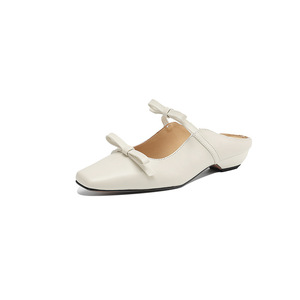 Summer Casual Open Toe Sandals <b>with</b> Double <b>Bows</b> Breathable Anti-Slippery Low Heel Square Toe Slip-On <b>Shoes</b> - Product Image 1