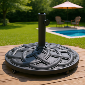 Base per Ombrellone da Esterno in Resina Rinforzata, 44 Libbre, Rotonda Nera con Ruote, per Bordo Piscina e Prato - Product Image 2
