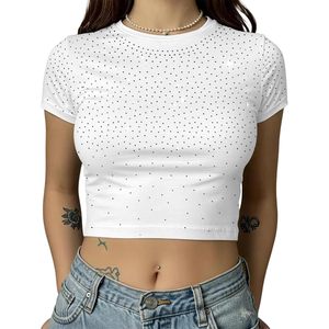 FOXA Rhinestone Crop <b>Top</b> Women Slim Fit Short Sleeve Sparkly Bling Tee Crewneck <b>Y2k</b> Style Party Wear - Product Image 1