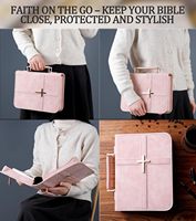 Housse de protection pour Bible en cuir PU rose avec croix dorée, sac de transport portable pour Bible avec poignée, protège-livre zippé pour femmes