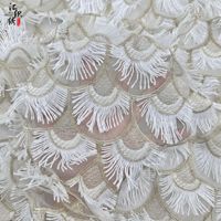 Tissu en dentelle élégant à franges de cils 3D en forme d'éventail, broderie festonnée en fil doré pour robe de soirée et robe de bal