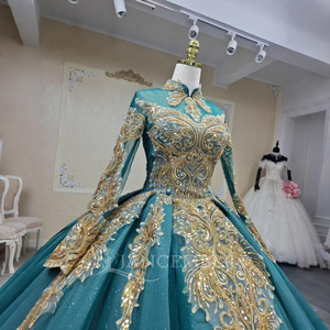 Jancember ANY52 Muslim High Neck Green <b>Lace</b> Sequins Embroidery Evening Puffy Gowns - Product Image 5