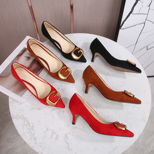 Xuanhui Korean Style Metal Buckle <strong>Red</strong> <strong>Suede</strong> Kitten Heel Pumps Pointed Toe slip on 5cm High Heels Woman <strong>Shoes</strong> for Party Office - Product Image 2