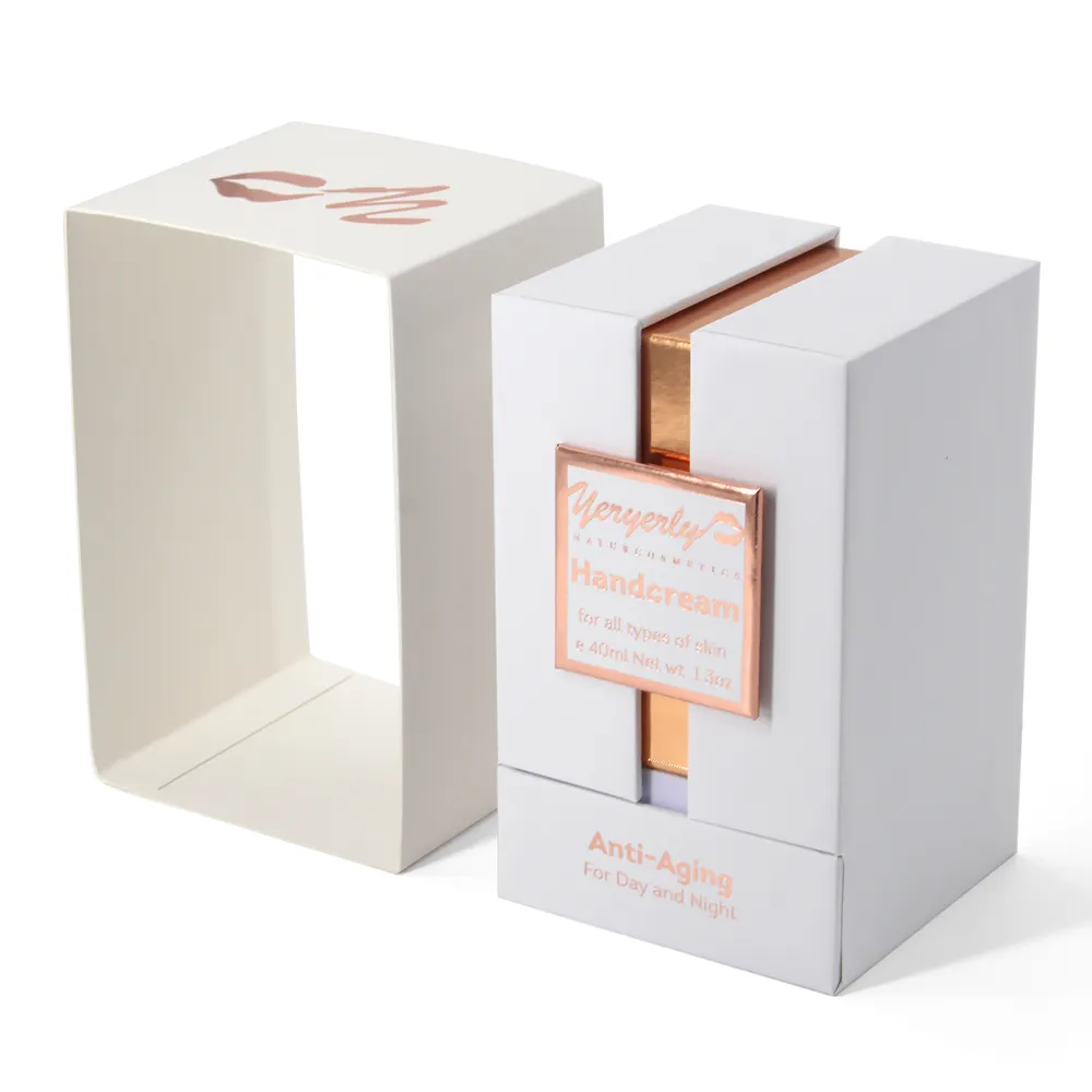 Boîte d'emballage cadeau avec manchon pour produit de soin de la peau avec logo personnalisé blanc rose or beauté soin de la peau