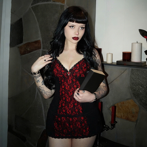 Camisola Gótica Y2K con Encaje Oscuro y Estampado Floral, Cuello en V, para Mujer, Sexy, con Contraste de Color, Tejido Elástico, Informal, Transpirable - Product Image 4