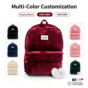 Zaino Trendy in Velluto Bordeaux per Ragazze con Chiusura a Cerniera, <span class=keywords><strong>Borsa</strong></span> Scolastica Retrò Preppy e Portachiavi con Pom-Pom a Cuore - Product Image 1