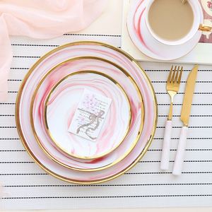Marble Pattern Nordic <b>Ceramic</b> <b>Plate</b> with Gold Rim White Porcelain Dishes Wholesale Dishes Set Marble Serving pink Grey Tray - Product Image 2