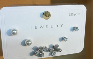 Set di Orecchini a Perno in Argento, 3 Paia con Fiori, Cristalli, Strass e Perle d'Acqua Dolce, Argento 925 per Uso Quotidiano Femminile - Product Image 3