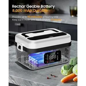 Chauffe-plat électrique portable sans fil, boîte à lunch, <span class=keywords><strong>batterie</strong></span> USB 8000 mAh, chauffage rapide 60 W, 6 niveaux de température, capacité 1 L, pour la maison et la voiture - Product Image 6