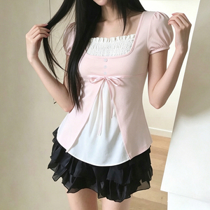 Black and White Color Block Square Neck Top Button Tie Front Loose Plus Size Knit Women's T-<b>Shirt</b> - Product Image 6