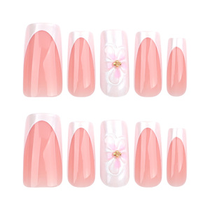 Ongles press-on carrés blancs en acrylique style français, couvrance totale, avec revêtement floral 3D, longueur moyenne, à coller – Meilleures ventes - Product Image 5
