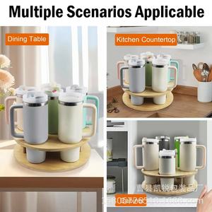 Wooden Rotating Water <b>Bottle</b> <b>Rack</b> 360 Degree Turntable Desktop <b>Storage</b> Holder Round Shape Multipurpose Stand - Product Image 3