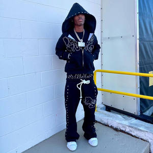 Completi Produttore OEM con Felpa con Cappuccio e <span class=keywords><strong>Pantaloni</strong></span> Svasati Personalizzati Y2K con Strass e Diamanti, Vita Doppia, Larghi e Arricciati - Product Image 5