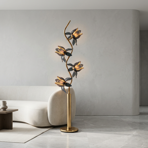 Lampe de sol en verre gris décorative en forme de lotus, structure en métal robuste, E26, sculpture moderne en forme de fleur, lampe sur pied pour entrée, couloir - Product Image 6