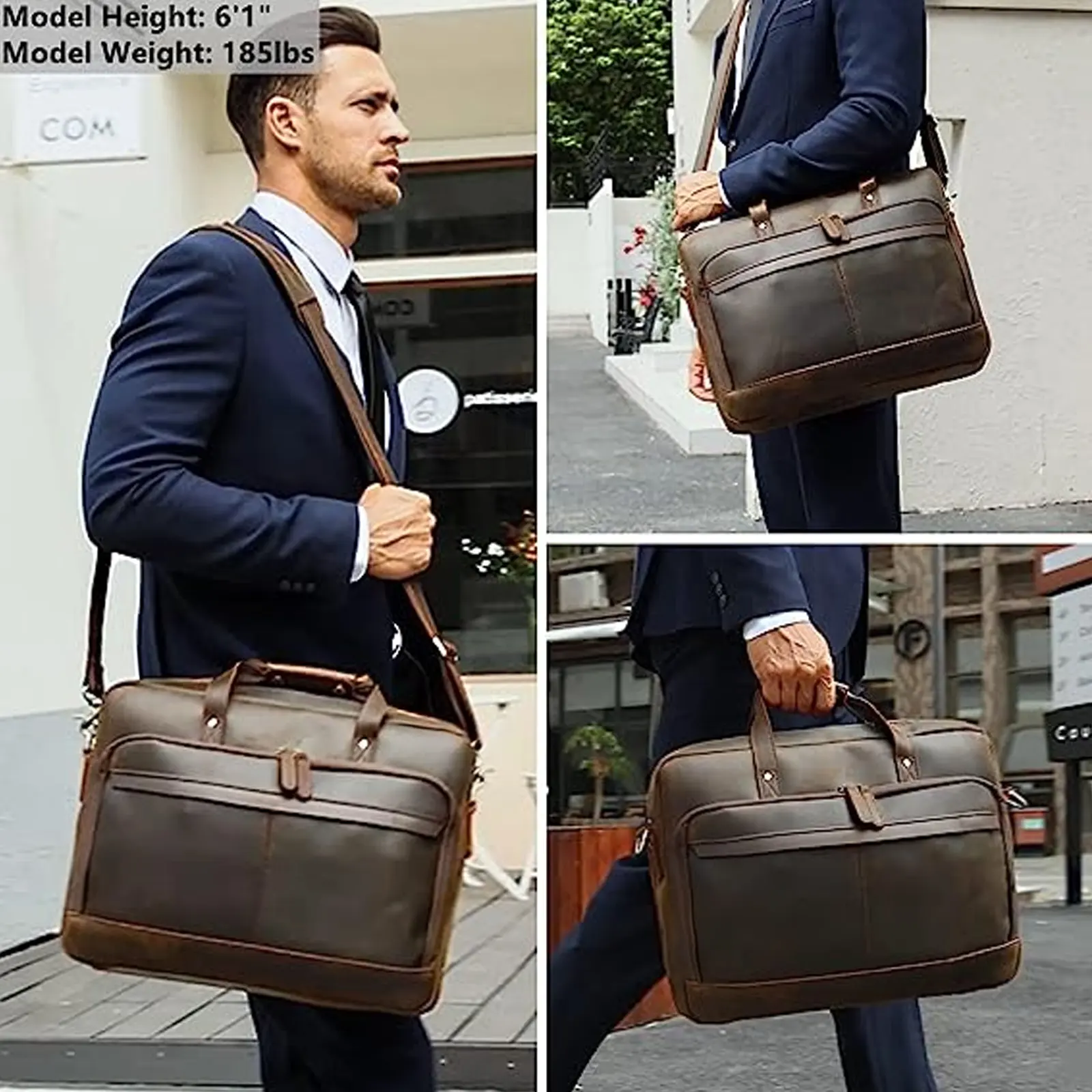 Gran oferta, maletín de oficina de cuero Crazy Horse marrón, bolsos de negocios para hombres, cartera para portátil de 15,6 pulgadas, maletín de cuero de grano completo