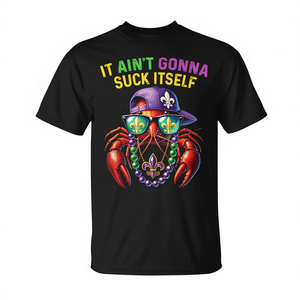T-shirt Mardi Gras avec motif de crabe et motif Fleur de Lys pour tenue festive, « It Aint Gonna Suck Itself » - Product Image 2
