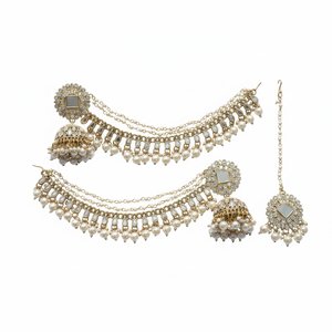 Bridal Ethnic High Quality <b>Gold</b>-Plated Traditional Jewelry <b>Set</b> Chandelier Earrings Pearl Chain Maang Tikka Alloy Kundan-Studded - Product Image 2