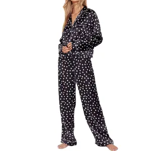 High Quality Ladies Satin Trousers Pyjama Set Women Star Printed Button Down Shirt Matching High Waisted Pants 2PCS Pajama Sets