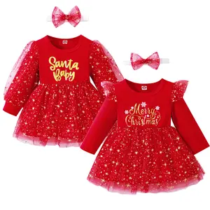 0-4Y女の赤ちゃんクリスマス幼児用赤いドレス幼児チュールレターチュチュパーティードレス新年の衣装子供服