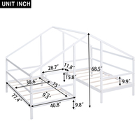 Lit pour maison d'enfants avec 2 lits jumeaux à plateforme, lits jumeaux doubles en bois avec toit triangulaire et bureau intégré
