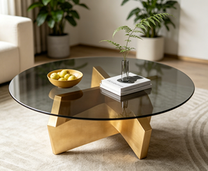 Mesa de Centro de Vidrio Templado Ahumado Redonda Hecha a Mano, Base de Metal Dorado Geométrica, Estilo Moderno de Mediados de Siglo, para Sala de Estar - Product Image 1
