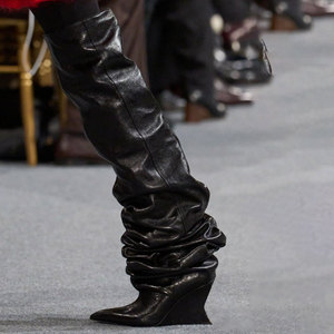 Pleated Loose Upper Long <b>Booties</b> Women Wide Top Baggy High Wedge Heels Shoes Over the Knee Sexy Pointy Toe Pumps - Product Image 5
