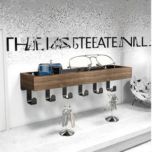 6-<b>Hook</b> Double Tier Wooden <b>Wall</b>-Mounted <b>Key</b> Rack Iron Metal Mail Organizer Multifunction Tools Home Entryway Living Room Office - Product Image 2