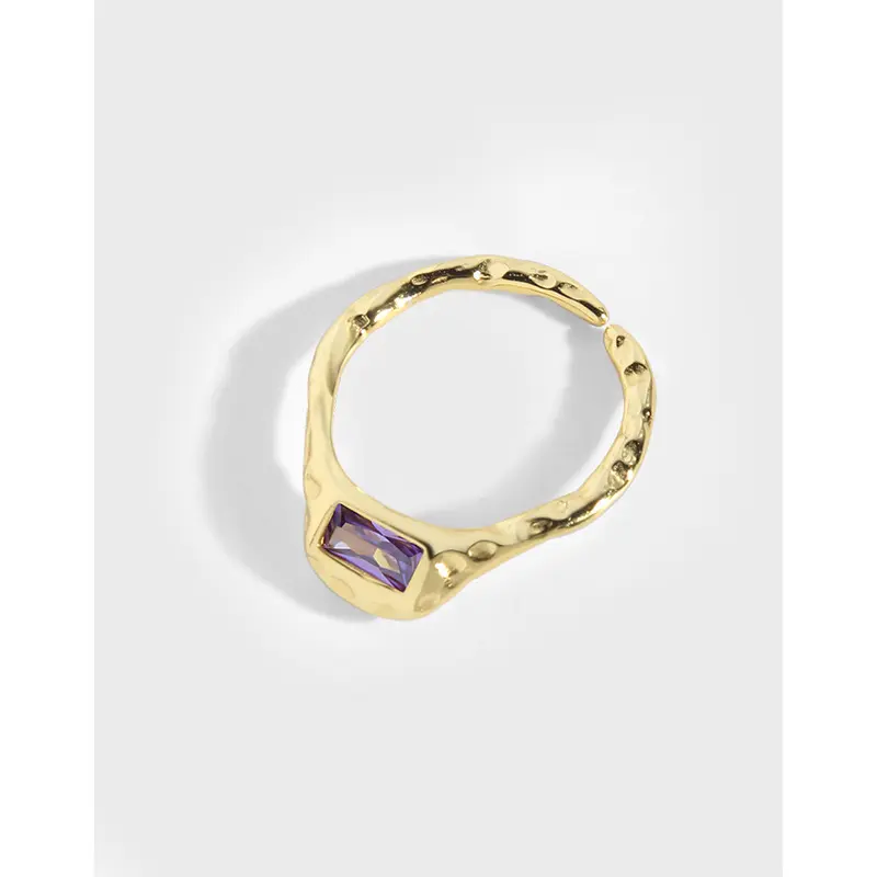 Tiny Purple CZ Sterling Silver Open Ring 18K Gold Irregular Singe Zircon Adjustable Ring S925 Silver Amethyst Stackable Ring