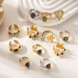 Bague ouverte en acier inoxydable de style européen-américain avec pierre naturelle œil de tigre, bijoux luxueux haut de gamme pour femmes - Product Image 4