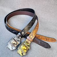Ceinture de style cowboy vintage sculptée, avec boucle lisse en alliage et clip pour briquet, imprimée par transfert thermique à motif cheval western animalier, nouveau style