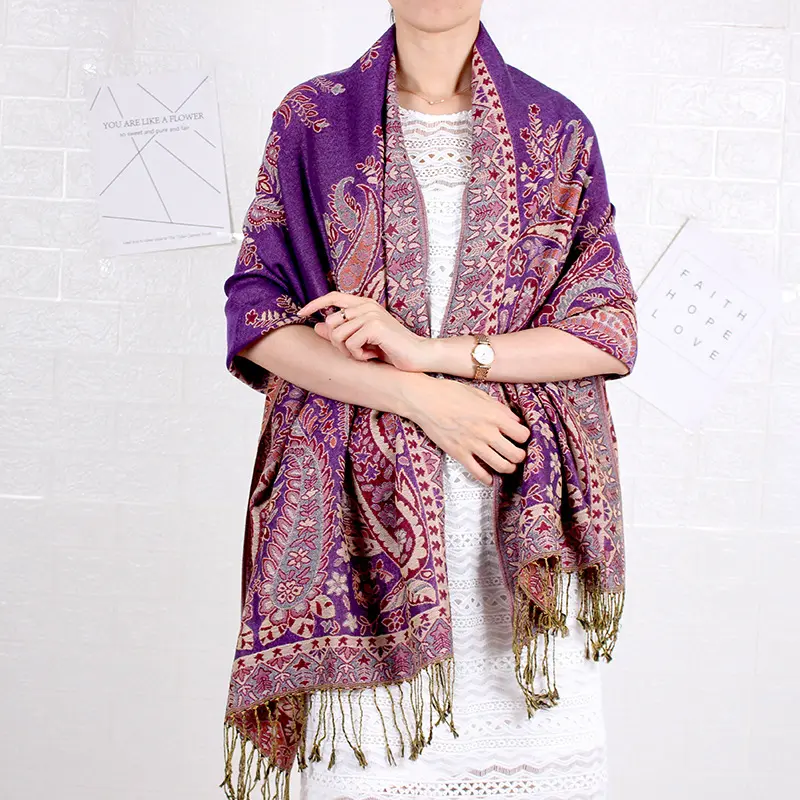 Pashmina Scarves Manufacturer Wholesale Retro Long Scarf Paisley Jacquard Cotton Wrap Shawl With Tassels