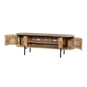 Meuble TV moderne en bois d'acacia massif, console multimédia ovale avec étagères de rangement pour salon et hôtel - Product Image 1