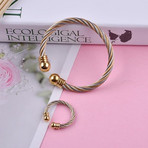 Tính Khí Thép Không Gỉ Vàng Hạt Ba Tông C Hình Sọc Bện Dây Điều Chỉnh Vòng Bangle - Product Image 6