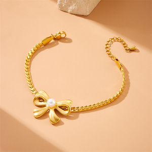 Gold Plated Bowknot Pearl Jewelry <b>Set</b> Stainless Steel Chain Necklace Earrings <b>Bracelet</b> Party Fashion Accessories - Product Image 4